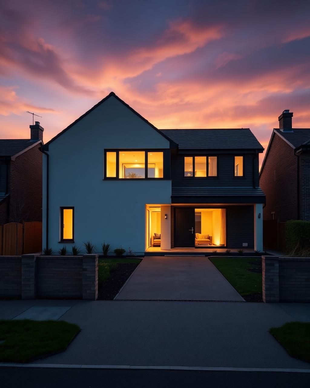 Dusk exterior of a finished new build