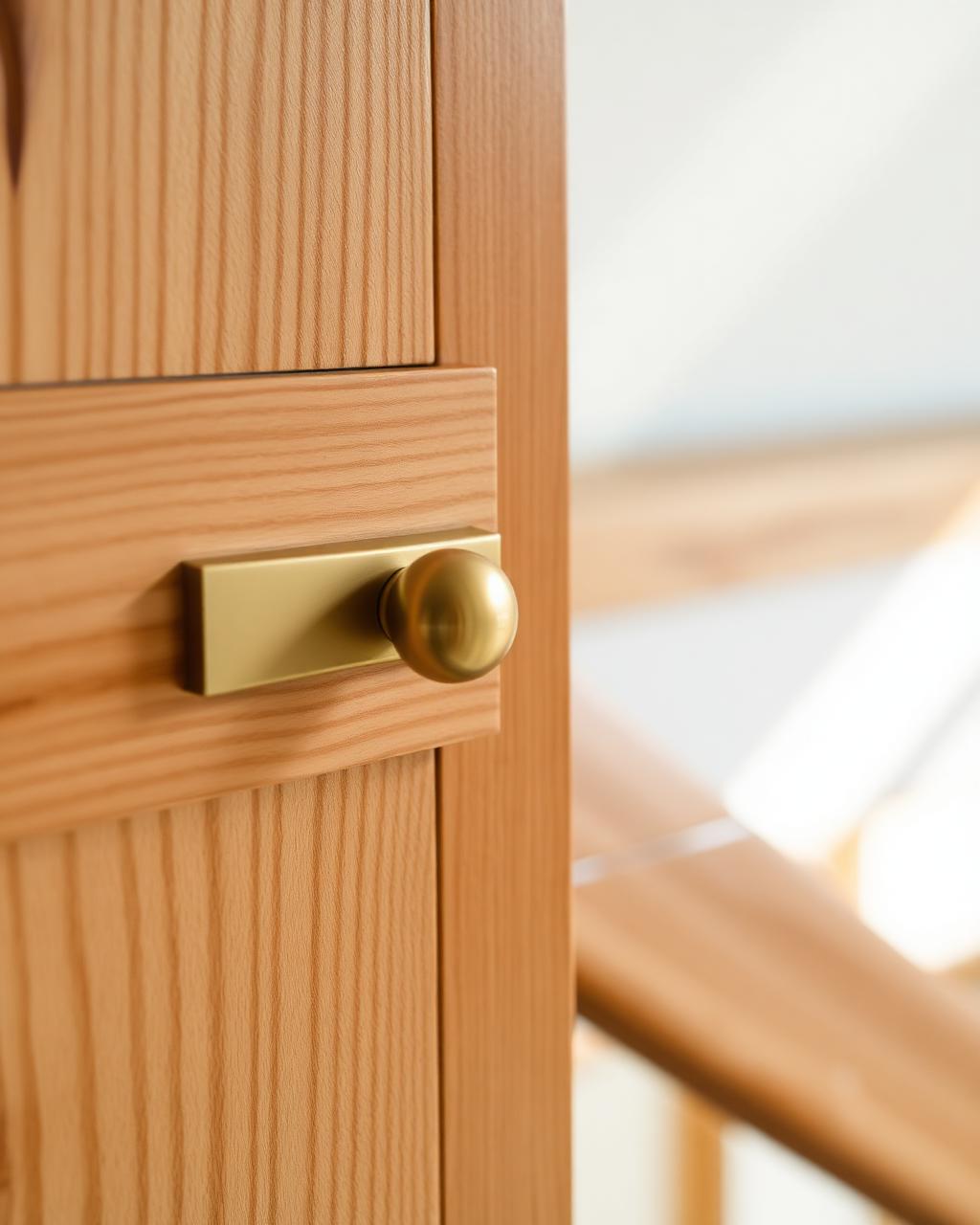 Detail of oak joinery and brass hardware