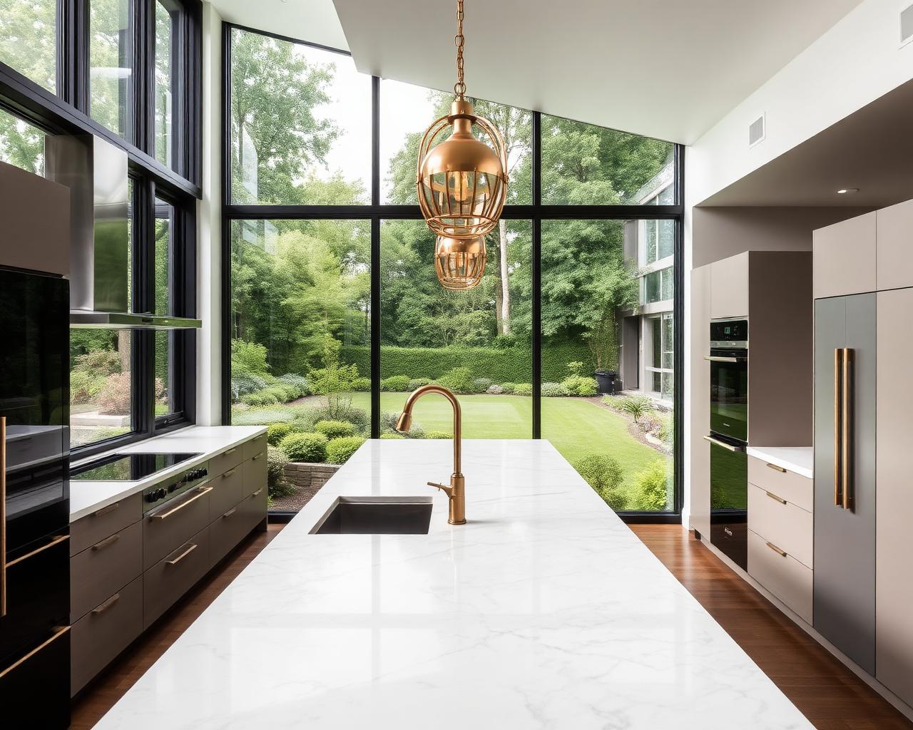 Marble kitchen island with brass pendants